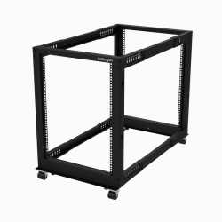 StarTech.com 4-Post 15U Mobile Open Frame Server Rack, Four Post 19" Network Rack with Wheels, Rolling Rack with Adjustable Dept