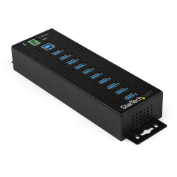 StarTech.com 10-Port USB 3.0 Hub with Power Adapter - Metal Industrial USB-A Hub with ESD & 350W Surge Protection - Din/Wall/Des