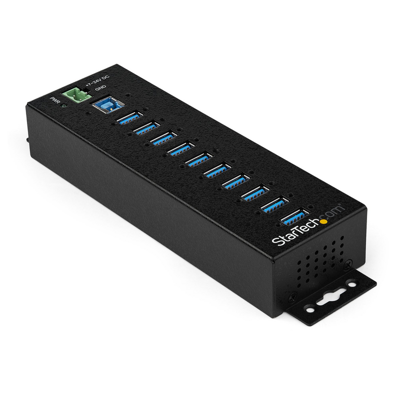 StarTech.com 10-Port USB 3.0 Hub with Power Adapter - Metal Industrial USB-A Hub with ESD & 350W Surge Protection - Din/Wall/Des