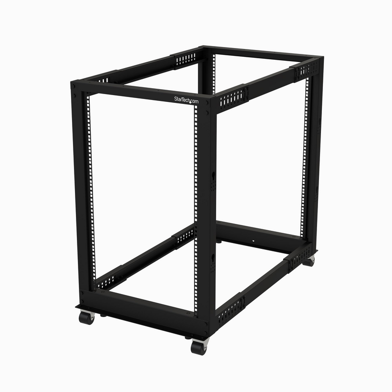 StarTech.com 4-Post 18U Mobile Open Frame Server Rack, Four Post 19" Network Rack with Wheels, Rolling Rack with Adjustable Dept