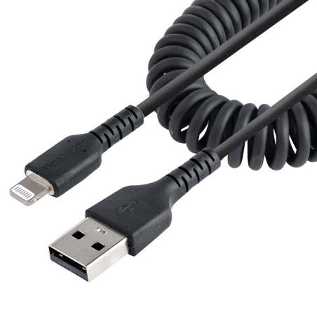 StarTech.com 1m (3ft) USB to Lightning Cable, MFi Certified, Coiled iPhone Charger Cable, Black, Durable TPE Jacket Aramid Fiber