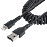 StarTech.com 1m (3ft) USB to Lightning Cable, MFi Certified, Coiled iPhone Charger Cable, Black, Durable TPE Jacket Aramid Fiber