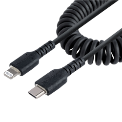 StarTech.com 1m (3ft) USB C to Lightning Cable, MFi Certified, Coiled iPhone Charger Cable, Black, Durable TPE Jacket Aramid Fib