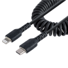 StarTech.com 1m (3ft) USB C to Lightning Cable, MFi Certified, Coiled iPhone Charger Cable, Black, Durable TPE Jacket Aramid Fib