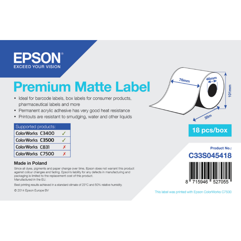Epson Premium Matte Label - Continuous Roll: 76mm x 35m