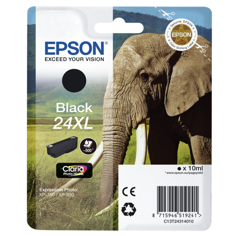 Epson Elephant Singlepack Black 24XL Claria Photo HD Ink