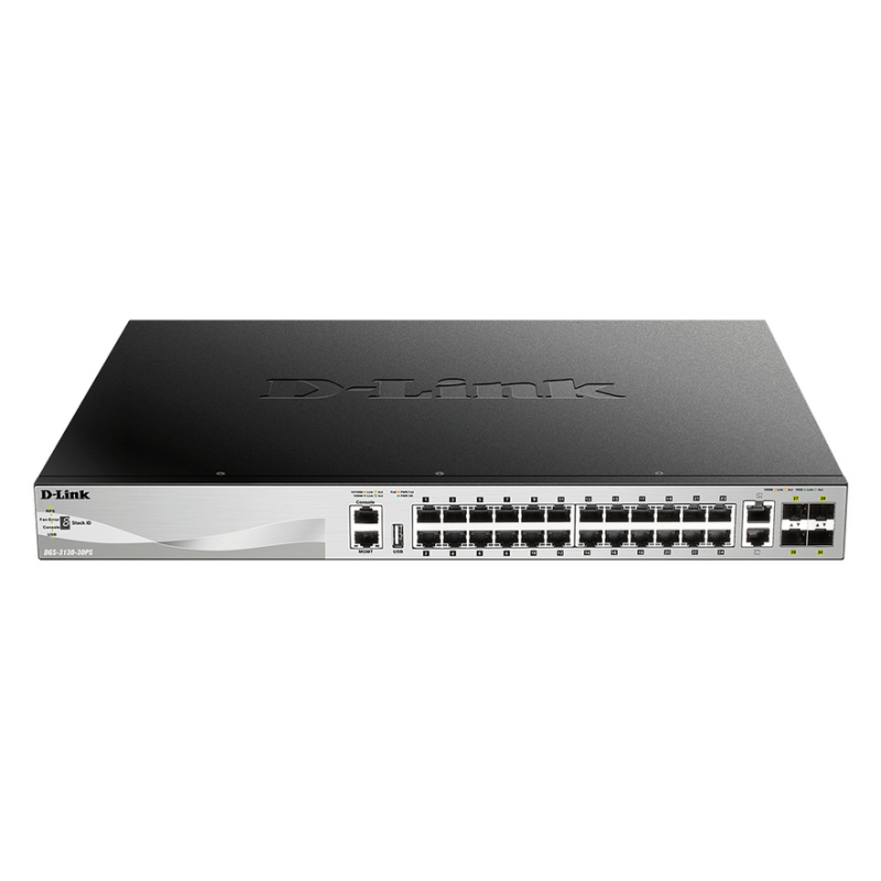 D-Link 24 x 10/100/1000BASE-T PoE ports (370W budget) Layer 3 Stackable Managed Gigabit Switch