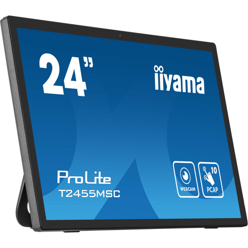 iiyama 24” multi-touch monitor with edge-to-edge glass, anti fingerprint coating , integrated webcam and a flexible stand