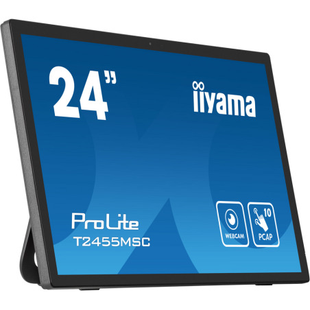 iiyama 24” multi-touch monitor with edge-to-edge glass, anti fingerprint coating , integrated webcam and a flexible stand