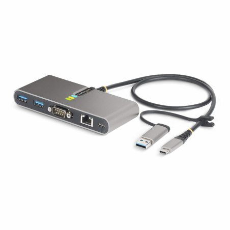 StarTech.com 2-Port USB-C Hub with Ethernet and RS-232, Attached USB-C to USB-A Dongle, 100W PD Pass-Through, 2x USB-A 5Gbps, Gi