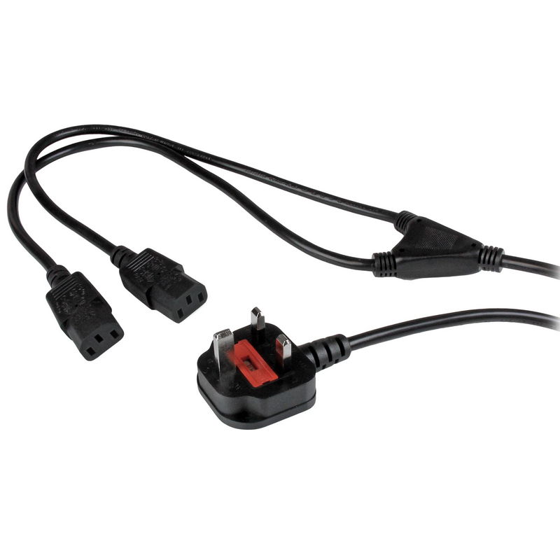 StarTech.com 6ft (2m) UK Computer Power Cable Y Splitter, 18AWG, BS 1363 to 2x C13, 10A 250V, Black Replacement AC Power Cord, K
