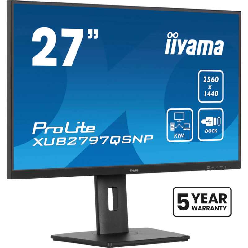 iiyama ProLite 27’’ QHD IPS technology panel with RJ45 (LAN), KVM Switch and USB-C Dock with 96W power delivery