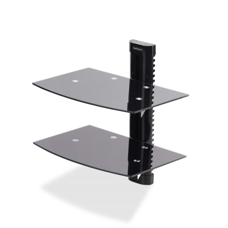 StarTech.com Dual Floating Wall-Mounted AV Shelves, Adjustable Height Shelf For Under TV, Organize A/V Equipment On Black Temper