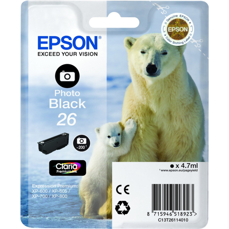 Epson Polar bear Singlepack Photo Black 26 Claria Premium Ink