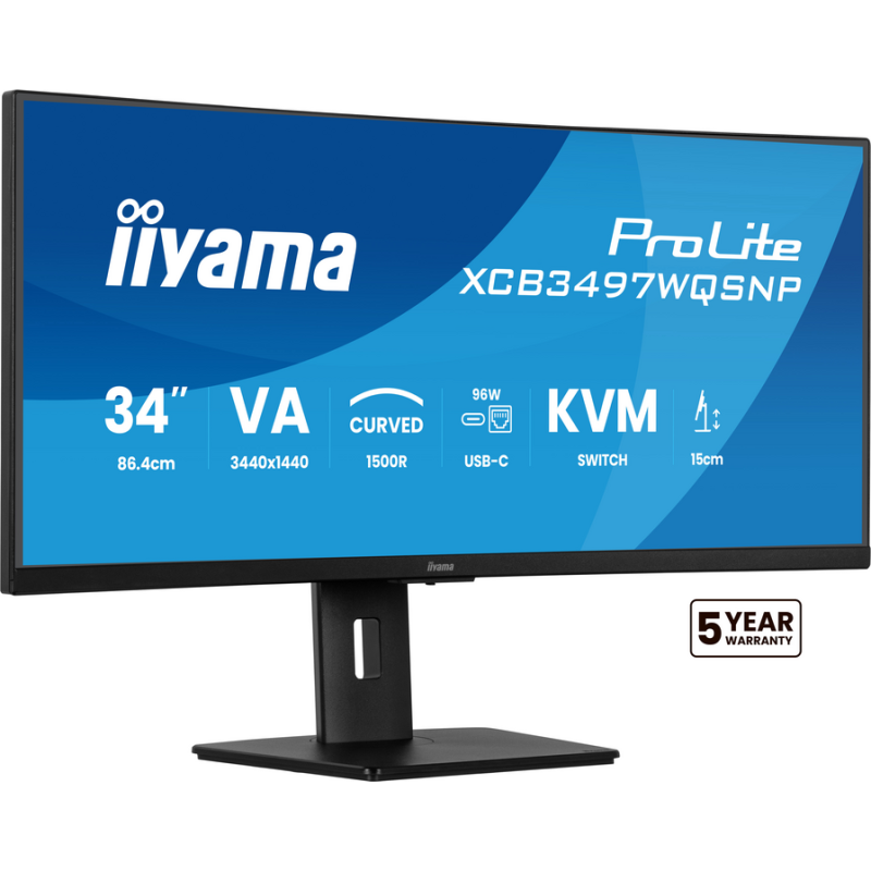 iiyama ProLite 34’’ UWQHD curved monitor with USB-C dock, LAN, KVM switch and 15cm height adjustable stand
