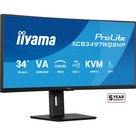 iiyama ProLite 34’’ UWQHD curved monitor with USB-C dock, LAN, KVM switch and 15cm height adjustable stand