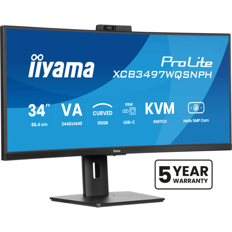 iiyama ProLite 34’’ VA UWQHD curved monitor with a built-in Windows Hello camera and microphone, USB-C Dock, LAN, KVM-Switch and