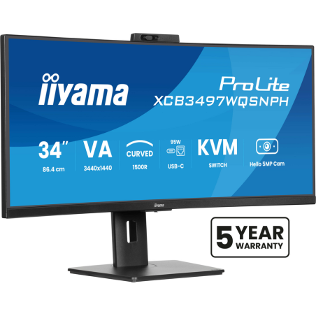 iiyama ProLite 34’’ VA UWQHD curved monitor with a built-in Windows Hello camera and microphone, USB-C Dock, LAN, KVM-Switch and