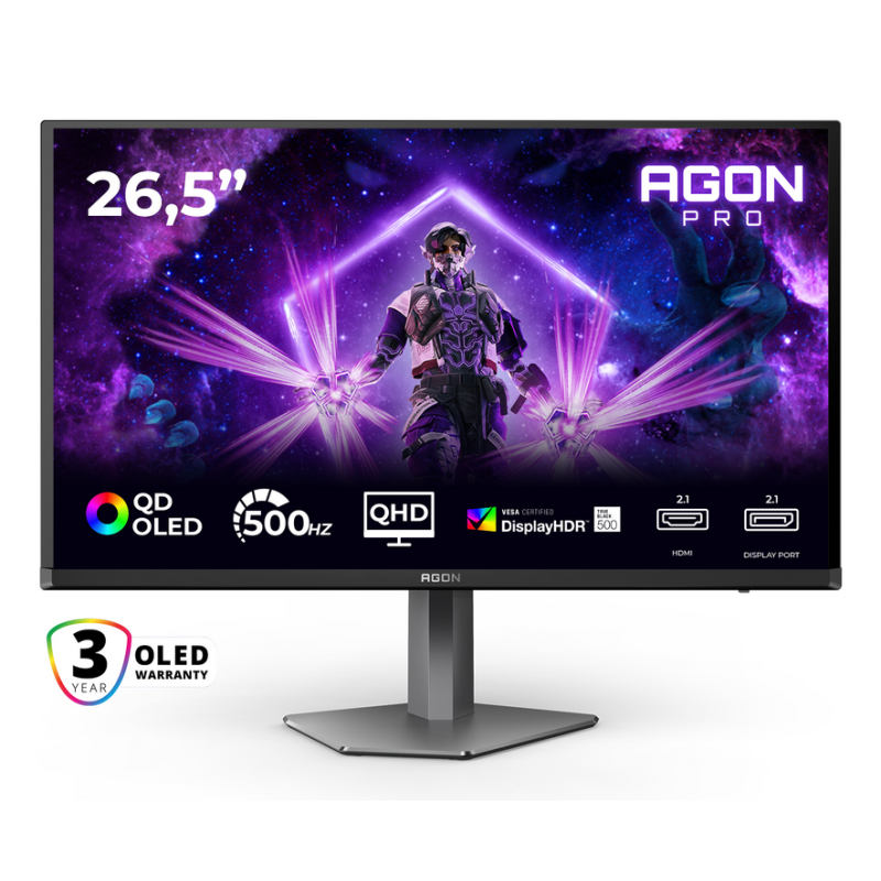 AOC AGON PRO AG276QKD2 computer monitor 67.3 cm (26.5") 2560 x 1440 pixels Quad HD QD-OLED Black, Grey